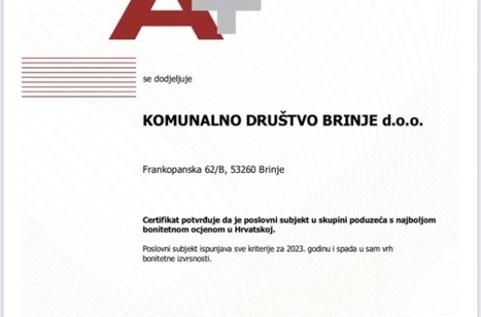Komunalno društvo Brinje dobilo certifikat bonitetne izvrsnosti 